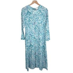 Hyacinth House Womens Teal Abstract‎ Print Rayon Midi Dress Long Sleeve Medium